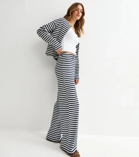 Women's Blue Relaxed Striped Wide Leg Trousers