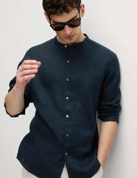 Marks & Spencer Pure Linen Grandad Collar Shirt Navy