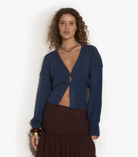 Women's Blue Single Golden Button Cardigan