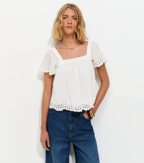 Women's White Embroidered Square Neck Blouse
