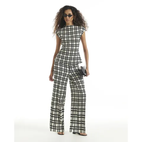 River Island Check Textured Wide Leg Trousers