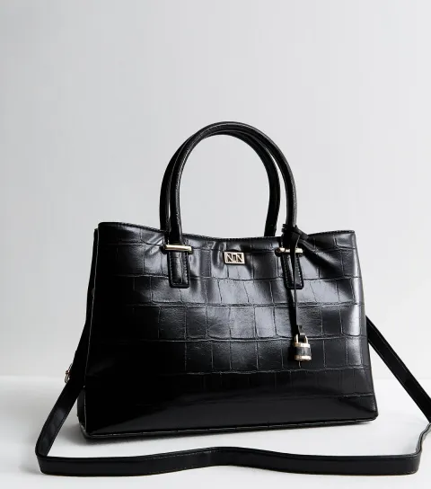 Black Faux Leather Croc Embossed Triple Compartment Tote Bag