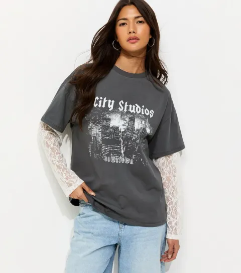 Women's Dark Grey City Studios Print Lace Sleeve 2 In 1 T-Shirt