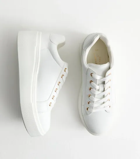 Women's White Faux Leather Wedge Trainers