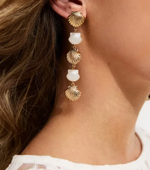 Gold Tone Faux Pearl Shell Drop Earrings