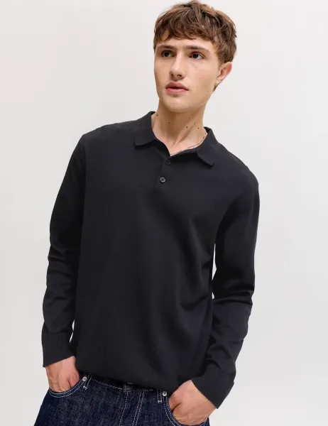Jack & Jones Pure Cotton Knitted Long Sleeve Polo Shirts Black