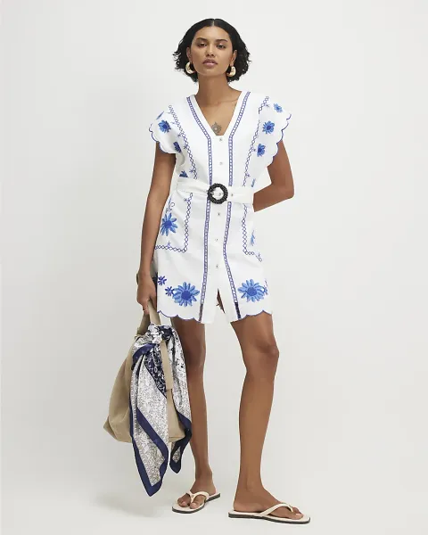 River Island Cotton Floral Embroidered Mini Dress