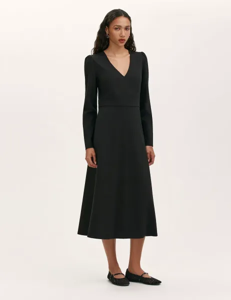 Finery London Ponte Jersey V-Neck Midi Waisted Dress Black
