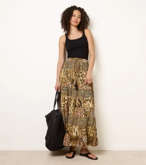 Women's Multicolour Mixed Animal Print Tiered Maxi Skirt