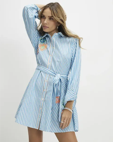 River Island Striped Embroidered Shirt Mini Dress
