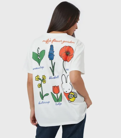 Women's White Miffy Flower Garden Print T-Shirt