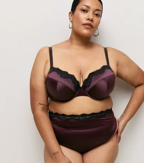 Women's Plus Size Dark Purple Satin and Lace Plunge Bra Curves
