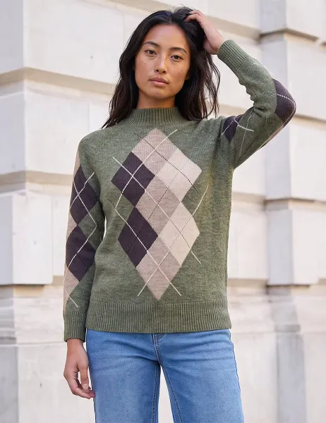 Roman Petite Argyle Jumper Khaki Mix