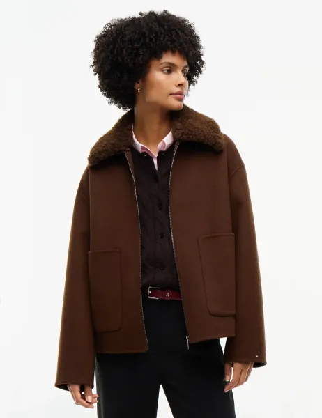 Tommy Hilfiger Wool Rich Collared Zip-Through Bomber Jacket Brown