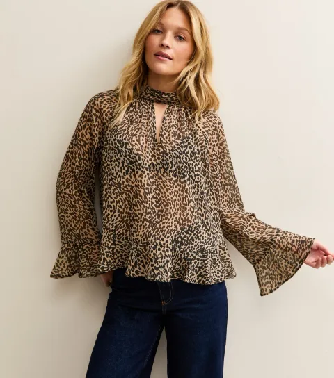 Women's Brown Animal Print High Neck Keyhole Blouse