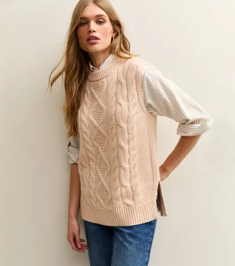 Women's Camel Cable Knit Longline Tabard