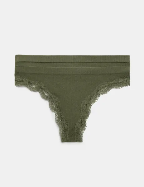 Marks & Spencer 2 Pack Jasmine Lace Seamless Thongs Khaki