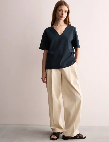 Jaeger Mercerised Cotton V-Neck Boxy T-shirt Navy