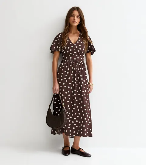 Women's Brown Polka Dot Flutter Sleeve Midi Dress