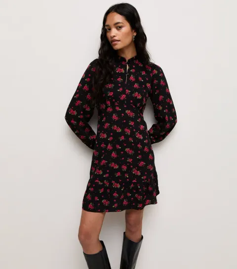 Women's Red Rose Print Frill Collar Long Sleeve Button Mini Dress