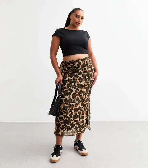 Women's Plus Size Brown Leopard Print Midi Skirt Curves