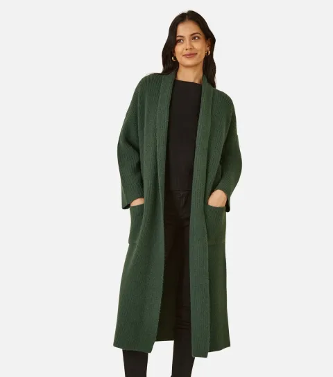Women's Green Ribbed Pocket Longline Midi Cardigan
