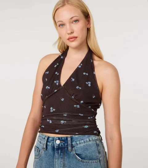 Women's Dark Brown Floral Dot Mesh Halter Neck Top