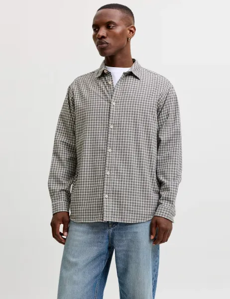 Jack & Jones Relaxed Fit Pure Cotton Checked Overshirt Beige Mix