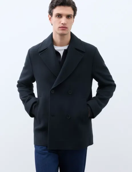 Autograph Wool Blend Melton Pea Coat Dark Navy