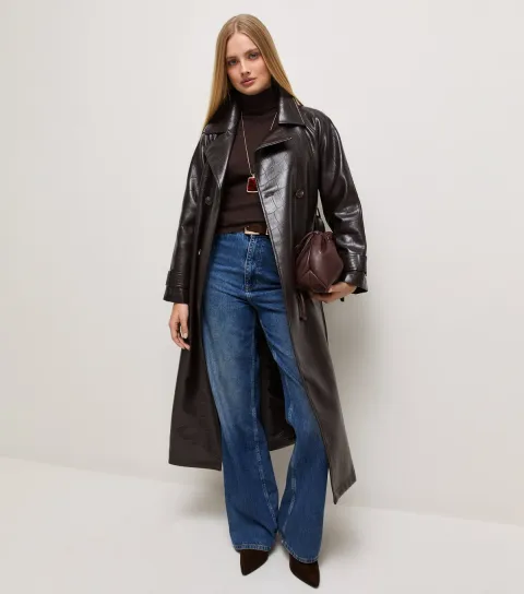 Women's Dark Burgundy Faux Leather Crocodile Texture Longline Trench Coat