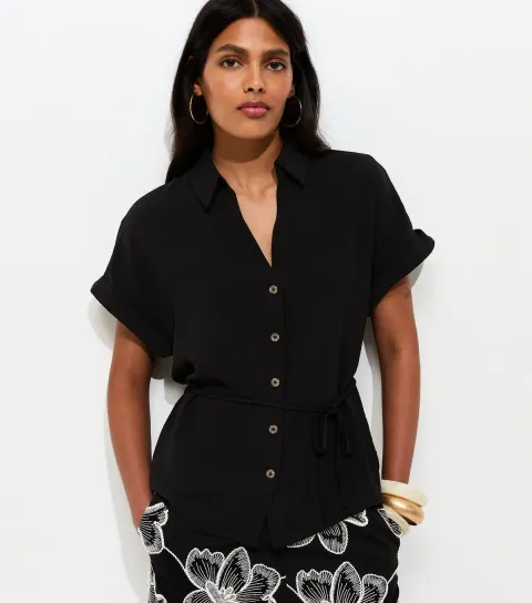 Women's Black Belted Short Sleeve Shirt