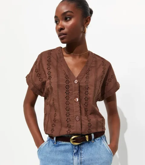 New Look Women's Brown Cotton Broderie Anglaise Button Through Top