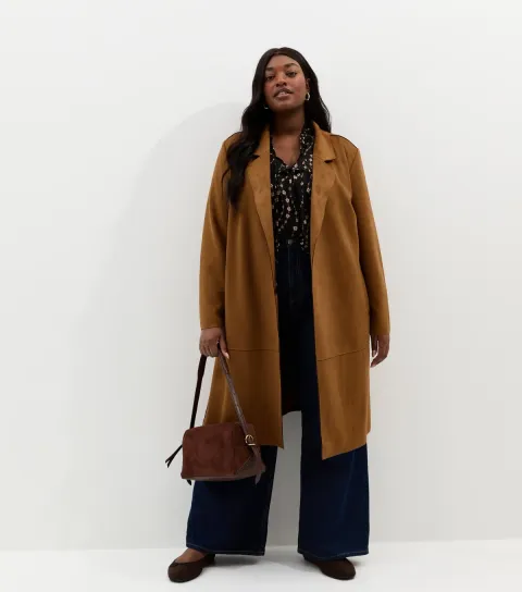 Women's Plus Size Tan Faux Suede Wrap Coat Curves