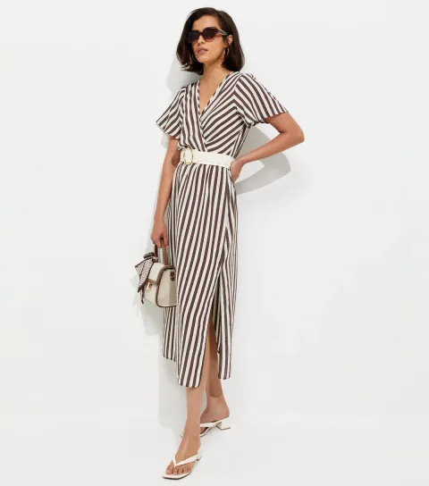 Women's Brown Striped Wrap Midi Dress