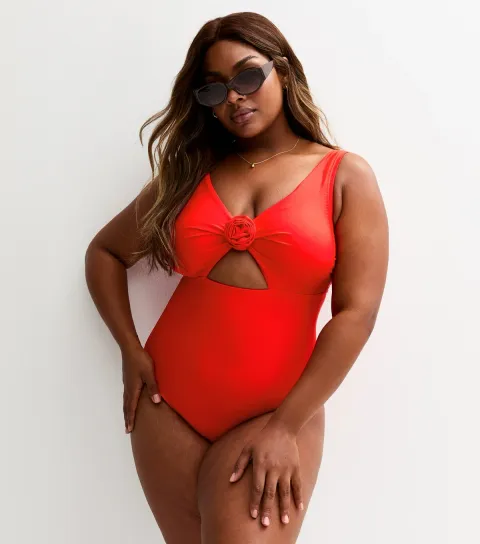 Women's Plus Size Red Floral Applique Cut Out Swimsuit Curves