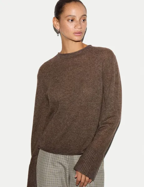 Jigsaw Pure Cashmere Striped Round Neck Jumper Brown
