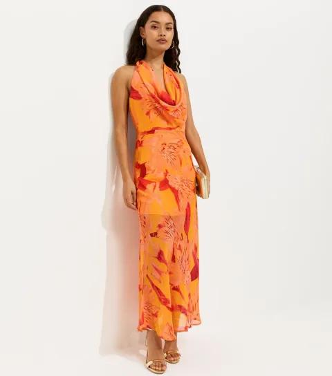Women's Petite Orange Floral Print Halter Neck Maxi Dress