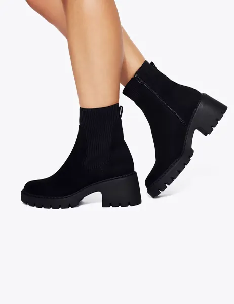 Kurt Geiger Faux Suede Block Heel Round Toe Ankle Boots Black