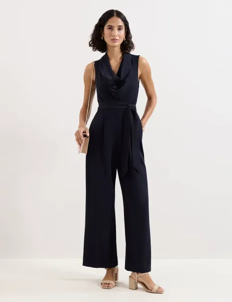 Phase Eight Cowl Neck Belted Sleeveless Jumpsuit Navy