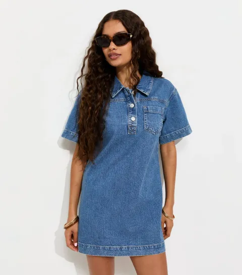 Women's Petite Blue Cotton Short Sleeve Denim Tunic Mini Dress