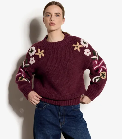 Apricot Women's Dark Burgundy Floral Embroidered Sleeve Oversized Jumper
