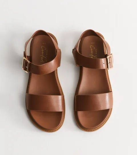 Women's Tan Faux Leather Wide Strap Flat Sandals Vegan