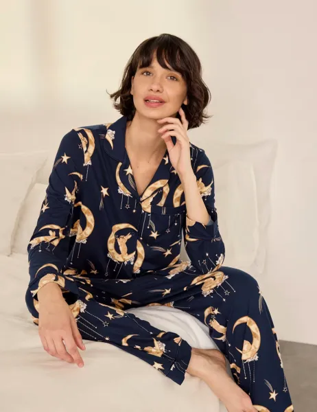 Chelsea Peers Lunar Bunny Button Front Long Sleeve Two Piece Pyjamas Navy