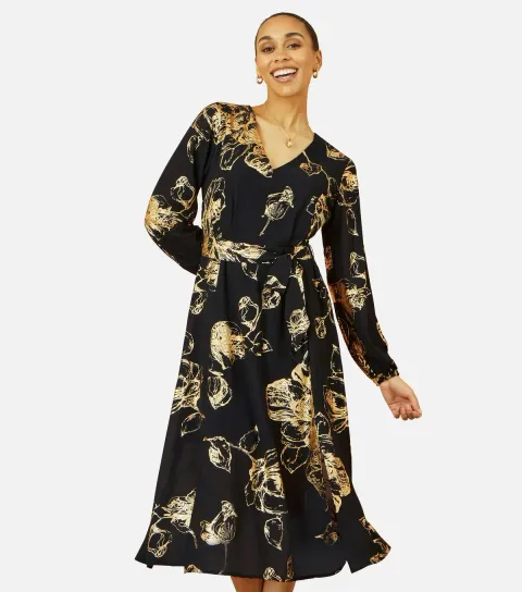 Women's Black Foil Long Sleeve Midi Dress