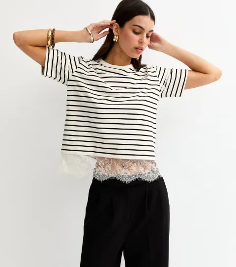 Women's White Striped Lace Hem Boxy T-Shirt