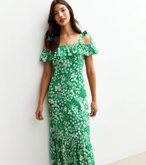 Women's Green Floral Print Shoulder Tie Ruffled Midi Dress