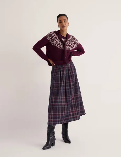 Seasalt Cornwall Pure Cotton Checked Midi A Line Skirt Purple Mix