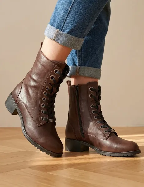 Jones Bootmaker Leather Lace Up Block Heel Ankle Boots Chocolate