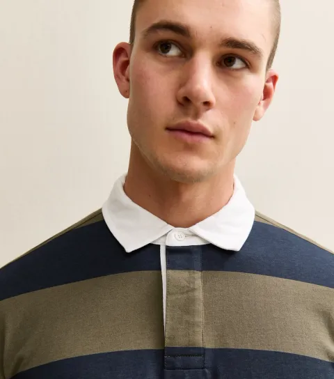 Men's Navy Relaxed Cotton Striped Rugby Shirt