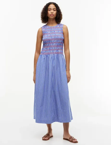 Tommy Hilfiger Pure Cotton Smocked Midi Waisted Dress Blue Mix